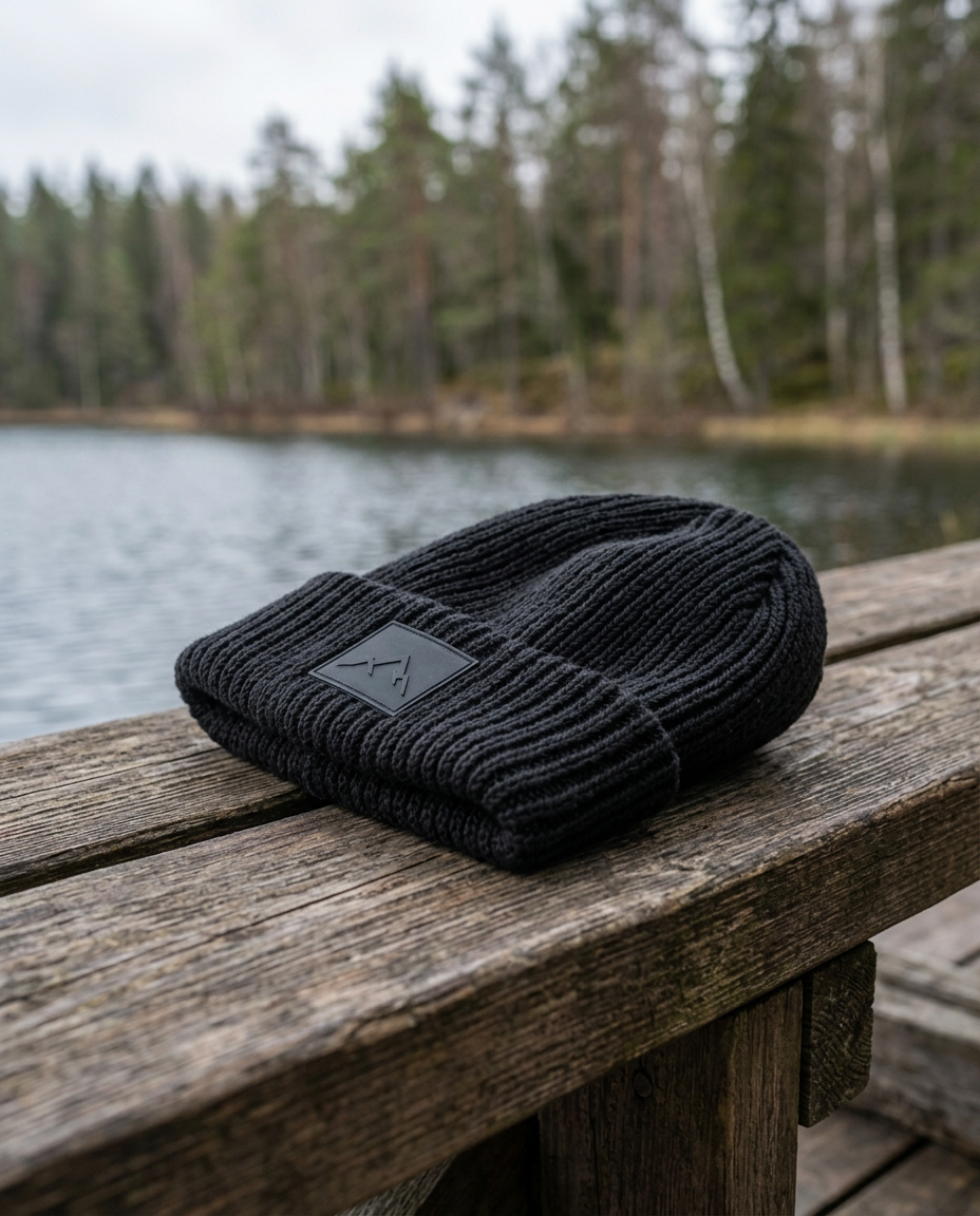 Konceptbild av svart stickad RIMDAL-mössa liggande på en träbänk