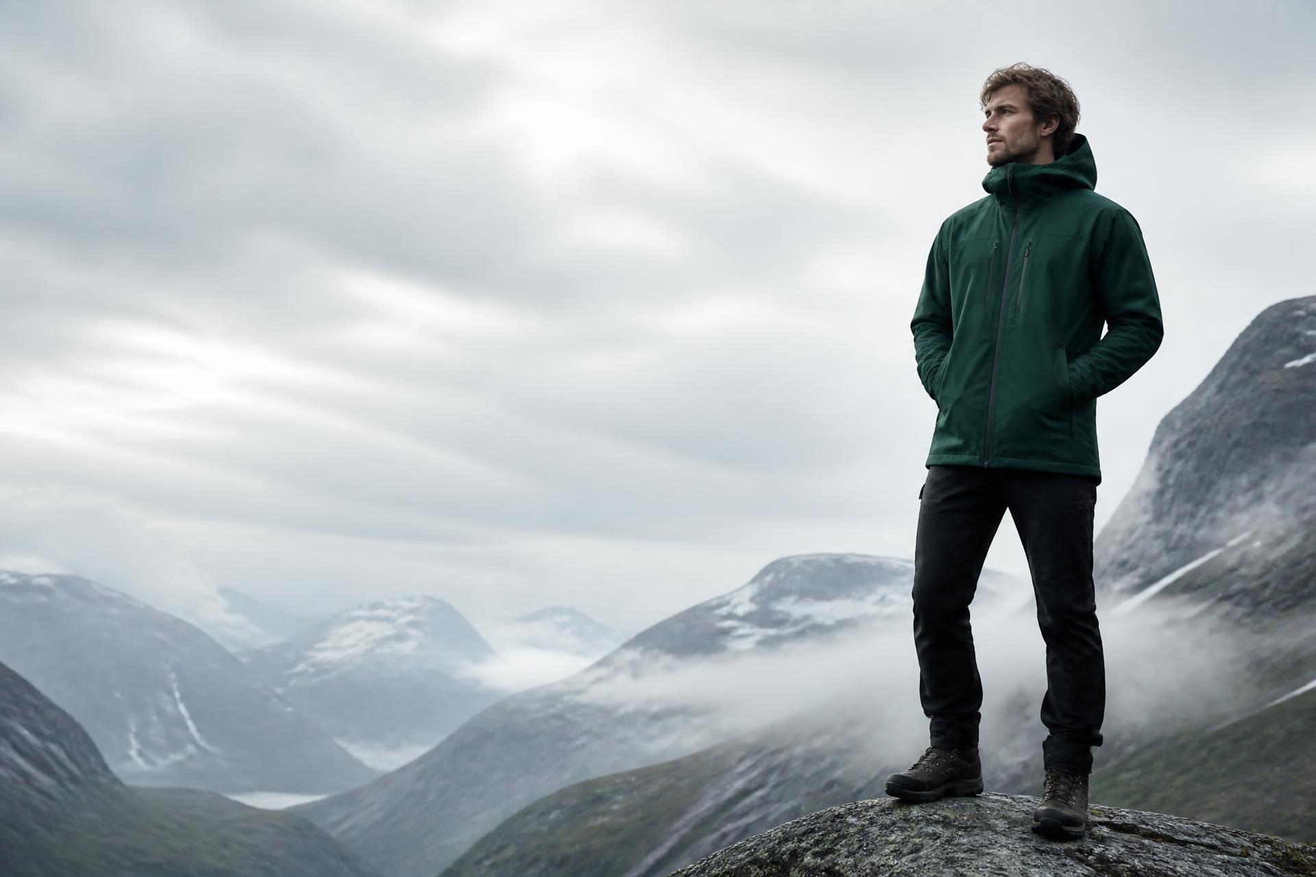 Vandrare på en fjälltopp i RIMDAL skaljacka