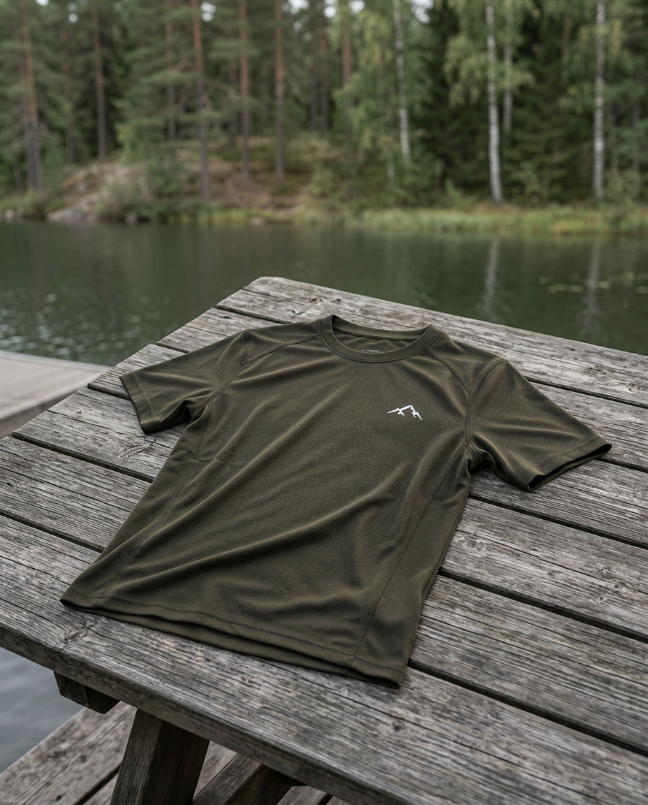 Konceptbild av olivgrön RIMDAL-t-shirt lagd på ett träbord vid sjön